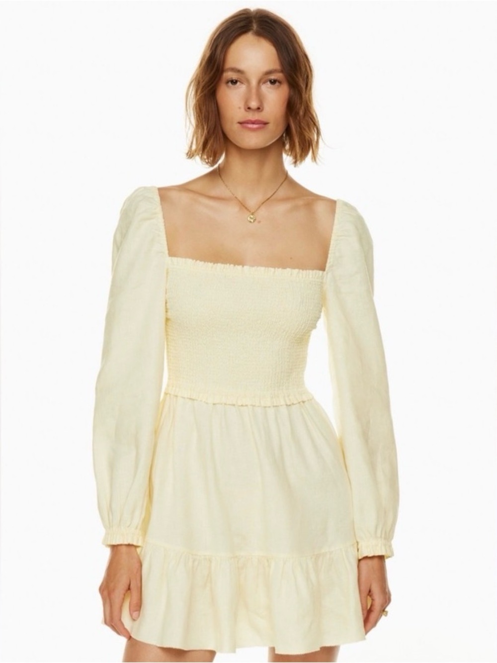 Wilfred Smocked Square-Neck Mini Dress - Pale Yellow linen cotton